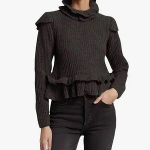 Ganni Phantom Gray Secy and Romantic Ruffled Open Back Sweater